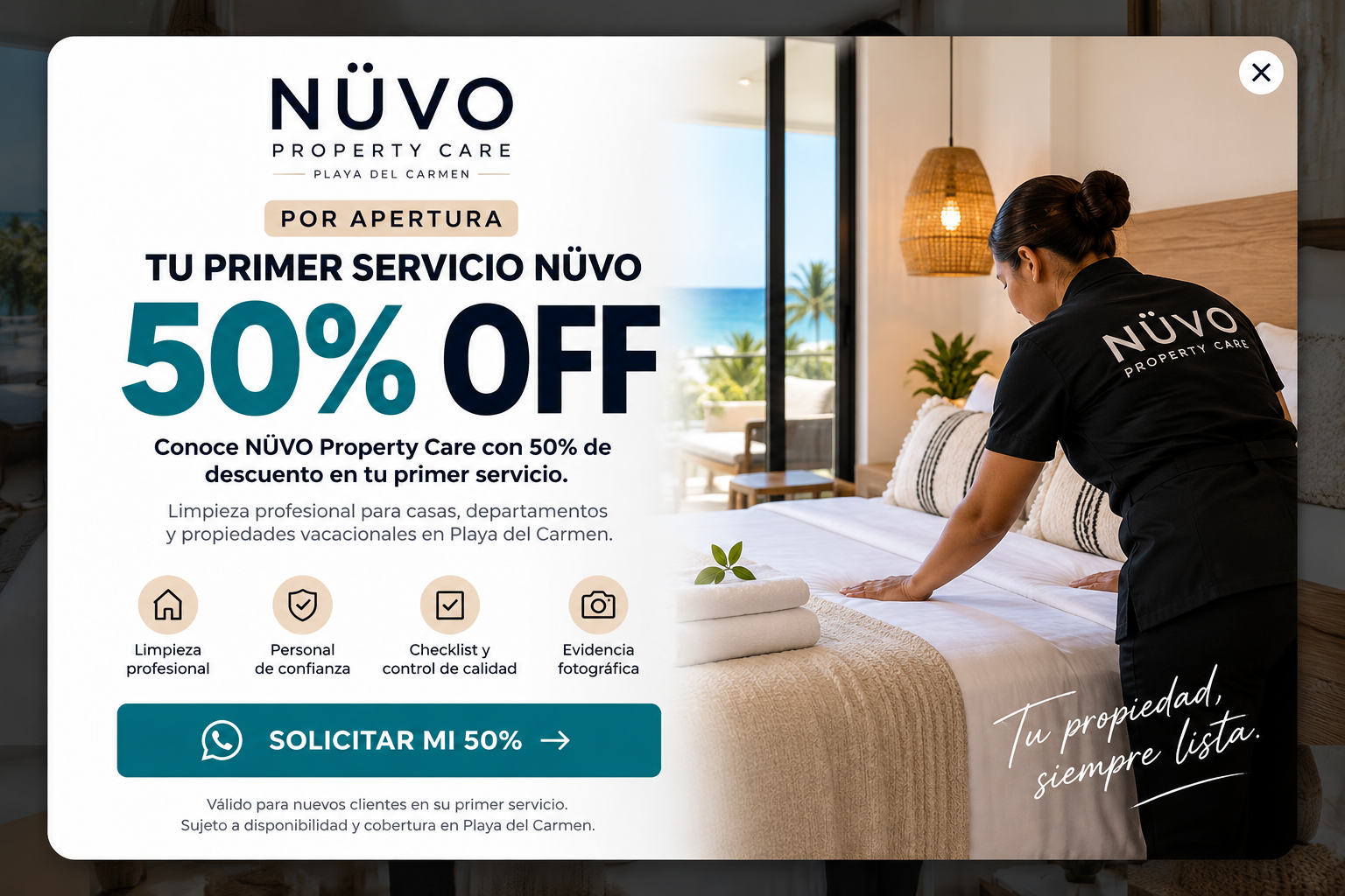 Por apertura, 50% de descuento en tu primer servicio NÜVO Property Care